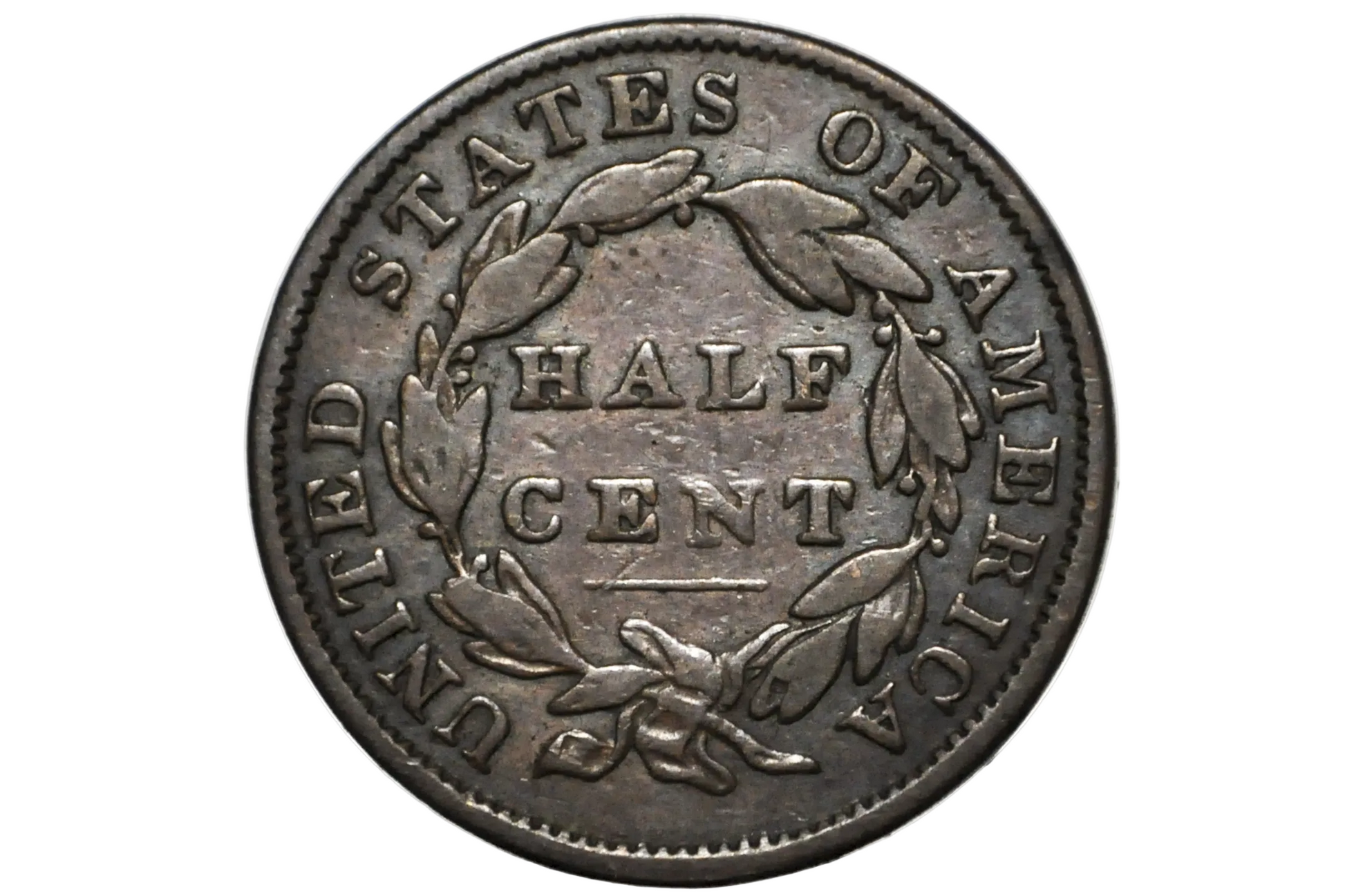 A vintage United States half cent silver coin with a laurel wreath design, displayed inside a clear plastic protective capsule.