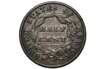 A vintage United States half cent silver coin with a laurel wreath design, displayed inside a clear plastic protective capsule.