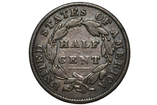 A vintage United States half cent silver coin with a laurel wreath design, displayed inside a clear plastic protective capsule.