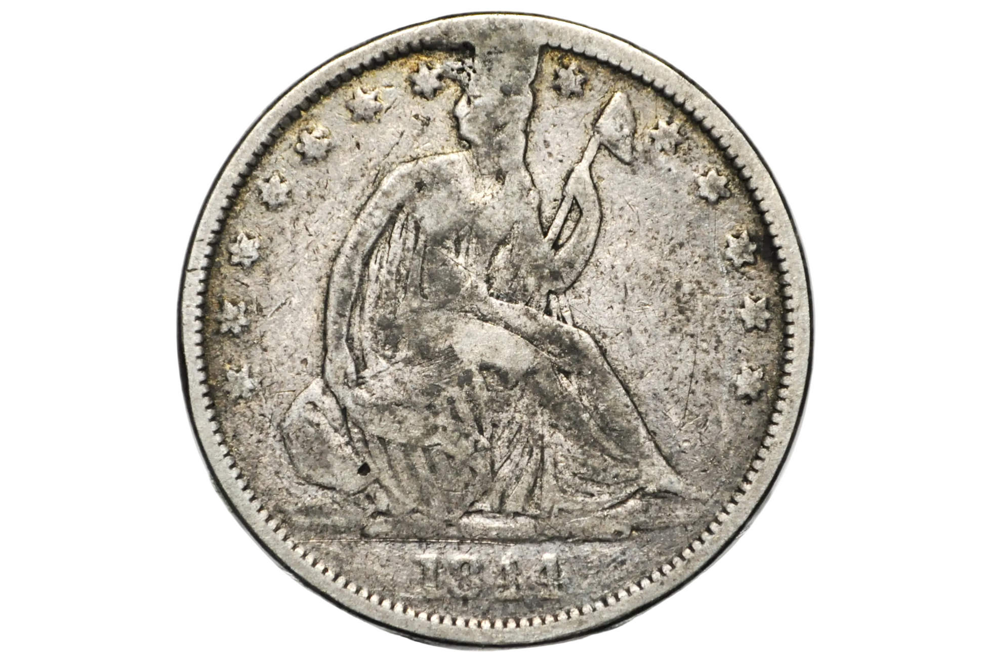A 1844 United States Silver Half Dollar coin inside a clear plastic grading holder, displayed on a clear stand against a white background.