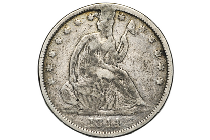 A 1844 United States Silver Half Dollar coin inside a clear plastic grading holder, displayed on a clear stand against a white background.