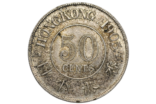 A 1905 Hong Kong 50 cents silver coin displayed inside a clear plastic protective capsule.
