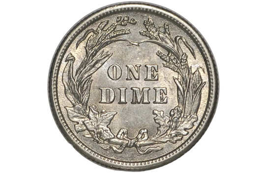 A silver-colored one dime coin with detailed botanical wreath engravings and the text 'ONE DIME' in the center, photographed inside a clear plastic protective capsule.