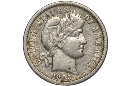 A 1903 United States silver dollar coin in a clear plastic protective holder, showing the profile of Liberty with a wreath.