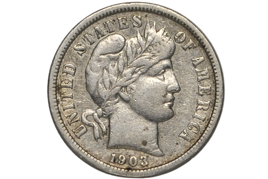 A 1903 United States silver dollar coin in a clear plastic protective holder, showing the profile of Liberty with a wreath.