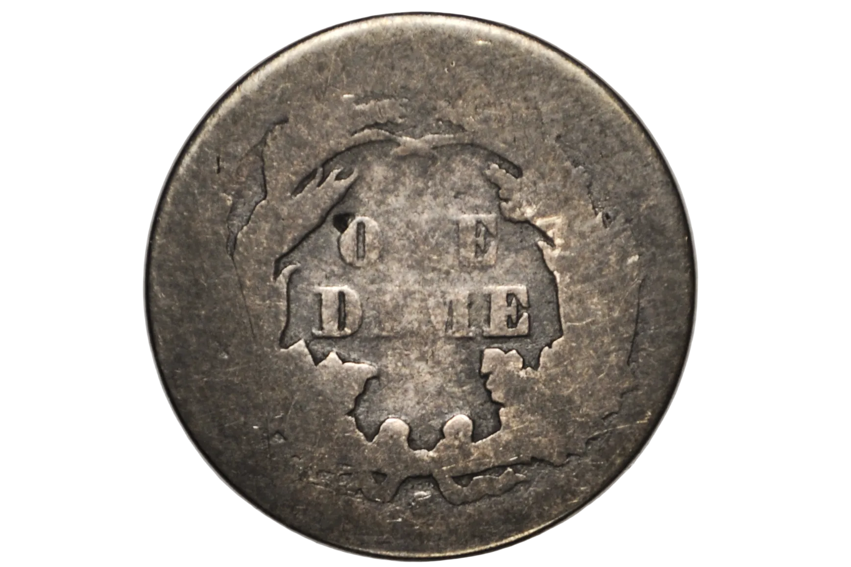 A close-up of the reverse of an 1867 seated liberty dime with an S mint mark. 