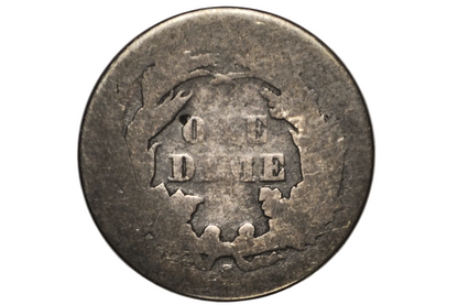 A close-up of the reverse of an 1867 seated liberty dime with an S mint mark. 