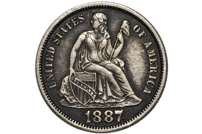 An 1887 United States silver Dime featuring a seated female figure holding a shield and torch, with the text 'UNITED STATES OF AMERICA' and '1887' visible, photographed inside a clear protective plastic holder.