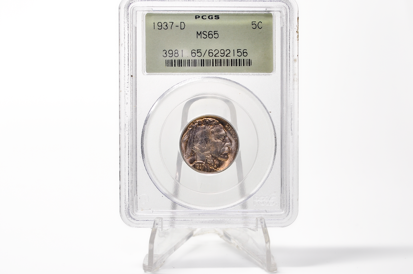 PCGS Gen 3 Holder OGH 1937-D Buffalo Nickel MS65 - 1990-1993 PCGS Holder - 1937D Nickel PCGS Certified Gen 3 Old Green Holder (OGH)