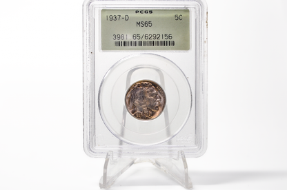 PCGS Gen 3 Holder OGH 1937-D Buffalo Nickel MS65 - 1990-1993 PCGS Holder - 1937D Nickel PCGS Certified Gen 3 Old Green Holder (OGH)