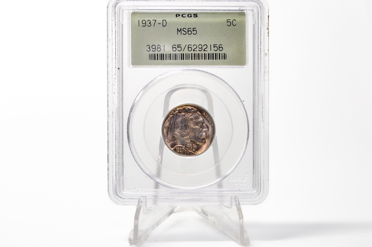 PCGS Gen 3 Holder OGH 1937-D Buffalo Nickel MS65 - 1990-1993 PCGS Holder - 1937D Nickel PCGS Certified Gen 3 Old Green Holder (OGH)