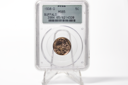 A 1938 Buffalo 5-cent gold coin encapsulated in a clear PCGS holder on a clear display stand, photographed against a white background.