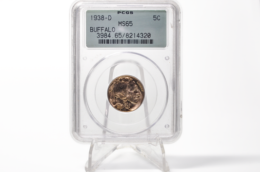 A 1938 Buffalo 5-cent gold coin encapsulated in a clear PCGS holder on a clear display stand, photographed against a white background.