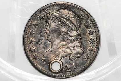1821 Capped Bust Dime - VF Detail, Holed - Rare Date - 1821 Bust Dime - Early American Coin - Good Type Coin / Filler