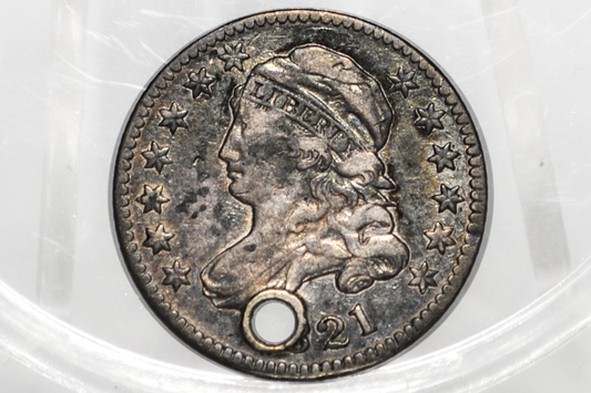 1821 Capped Bust Dime - VF Detail, Holed - Rare Date - 1821 Bust Dime - Early American Coin - Good Type Coin / Filler