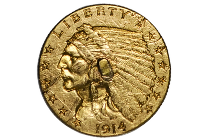 A 1914 Liberty Gold Coin featuring the profile of a Native American wearing a feathered war bonnet, encased in a clear plastic holder.
