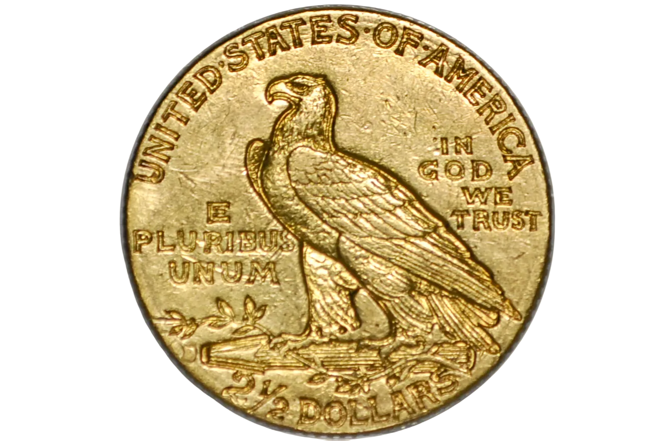 A gold quarter eagle United States 2 1/2 dollars coin featuring an eagle design, and a "D" mint mark