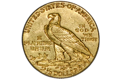 A gold quarter eagle United States 2 1/2 dollars coin featuring an eagle design, and a "D" mint mark