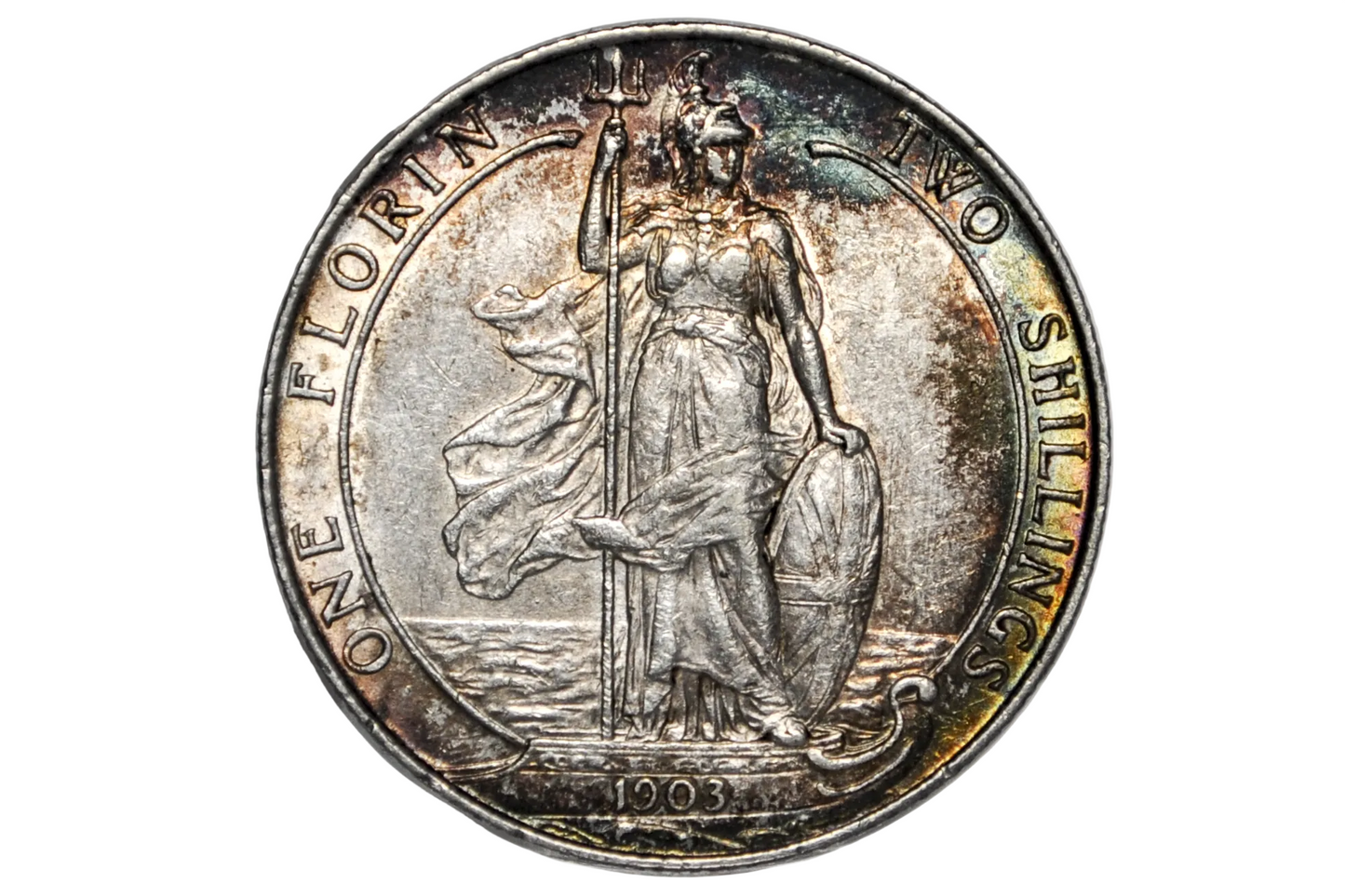 1903 UK Florin in AU condition with Rainbow toning