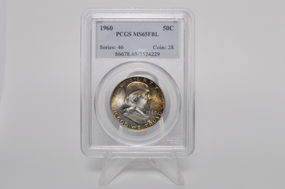 Consecutive Pair: 1960 Franklin Half Dollars PCGS MS65FBL – Vintage Gen 3 Green Label Slabs – Sequential Cert Numbers