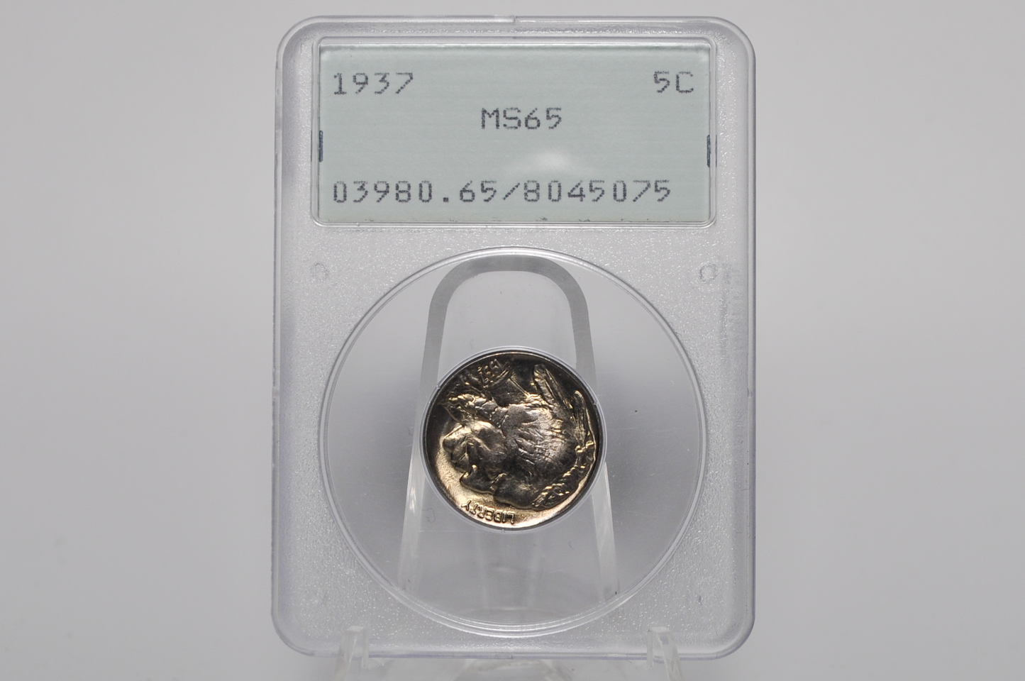 A 1937 US 5C silver coin graded MS65, encapsulated in a clear plastic NGC holder and displayed on a clear stand against a light gray background.