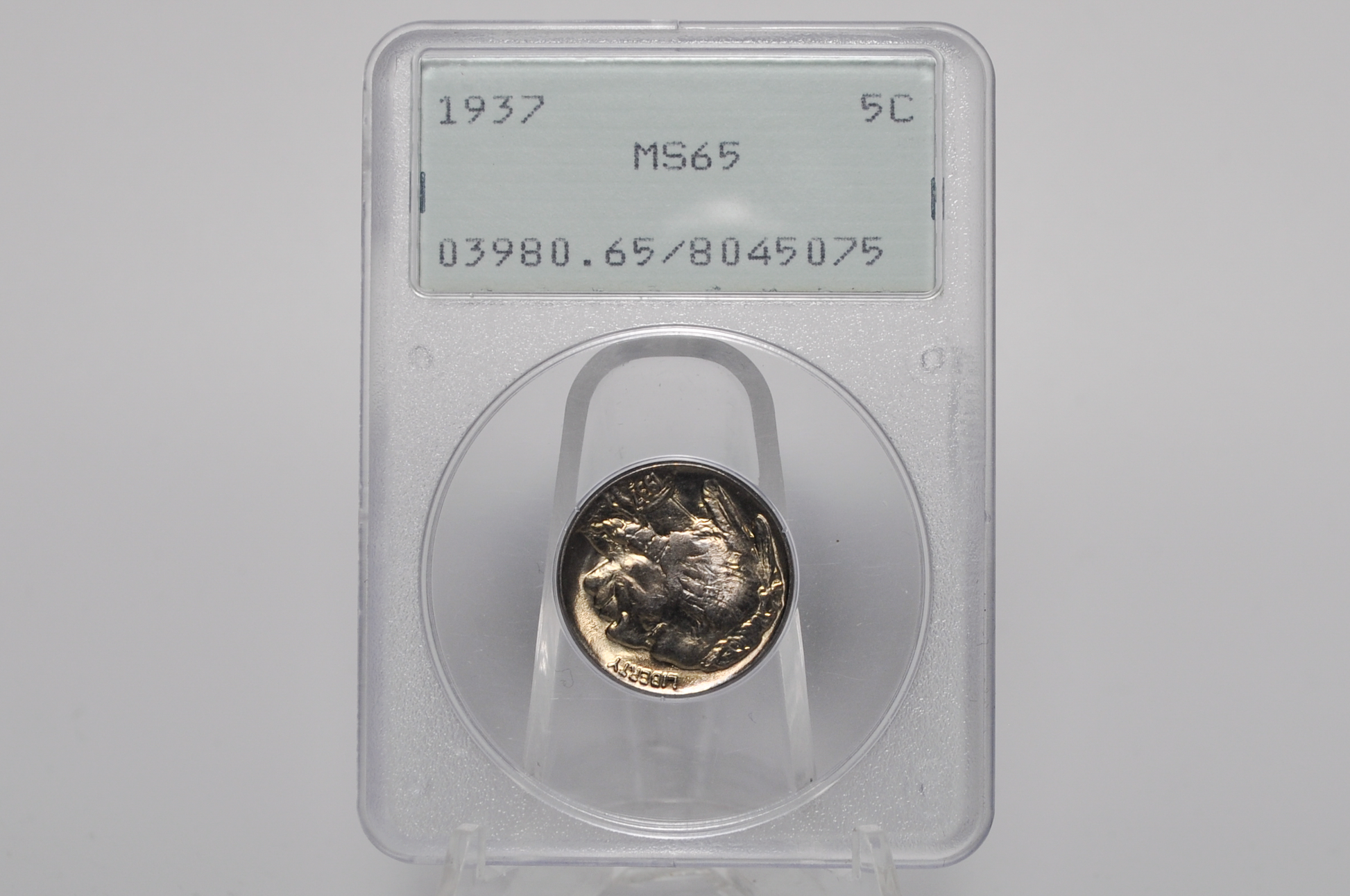 A 1937 US 5C silver coin graded MS65, encapsulated in a clear plastic NGC holder and displayed on a clear stand against a light gray background.