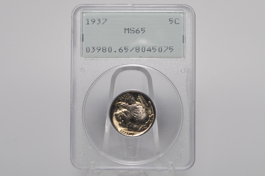 A 1937 US 5C silver coin graded MS65, encapsulated in a clear plastic NGC holder and displayed on a clear stand against a light gray background.