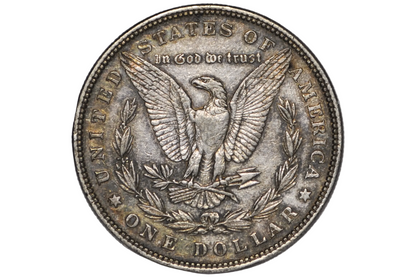 A vintage United States one dollar silver coin featuring the eagle design, displayed inside a clear plastic protective capsule against a neutral gray background.
