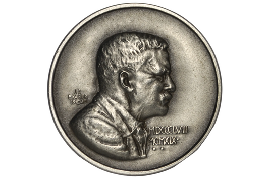 A silver-toned commemorative coin featuring a profile bust of Theodore Roosevelt, displayed inside a clear plastic protective capsule on a light gray background.