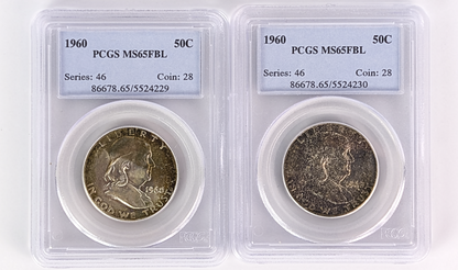 Consecutive Pair: 1960 Franklin Half Dollars PCGS MS65FBL – Vintage Gen 3 Green Label Slabs – Sequential Cert Numbers