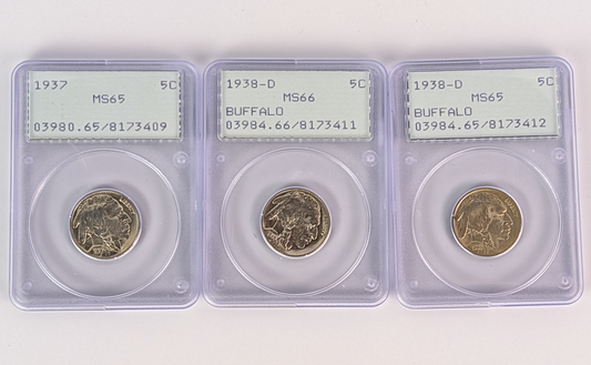 Three graded 1938 US Buffalo nickel coins in clear plastic grading cases with label inserts, displayed side by side on a white background.