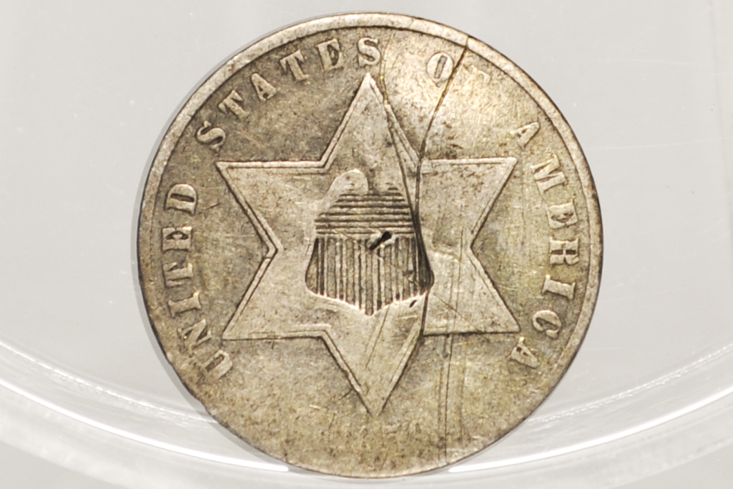1859 Three Cent Silver US Coin - Scratched - Low Mintage / Rare - Discount Coin - 1859 3 Cent Trimes Silver 3 Cent Piece