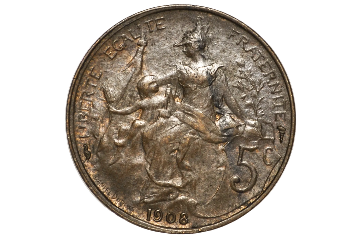 A vintage French 5 cent coin from 1908, featuring the figure of Liberté Frânçaise, displayed inside a clear plastic grading holder.