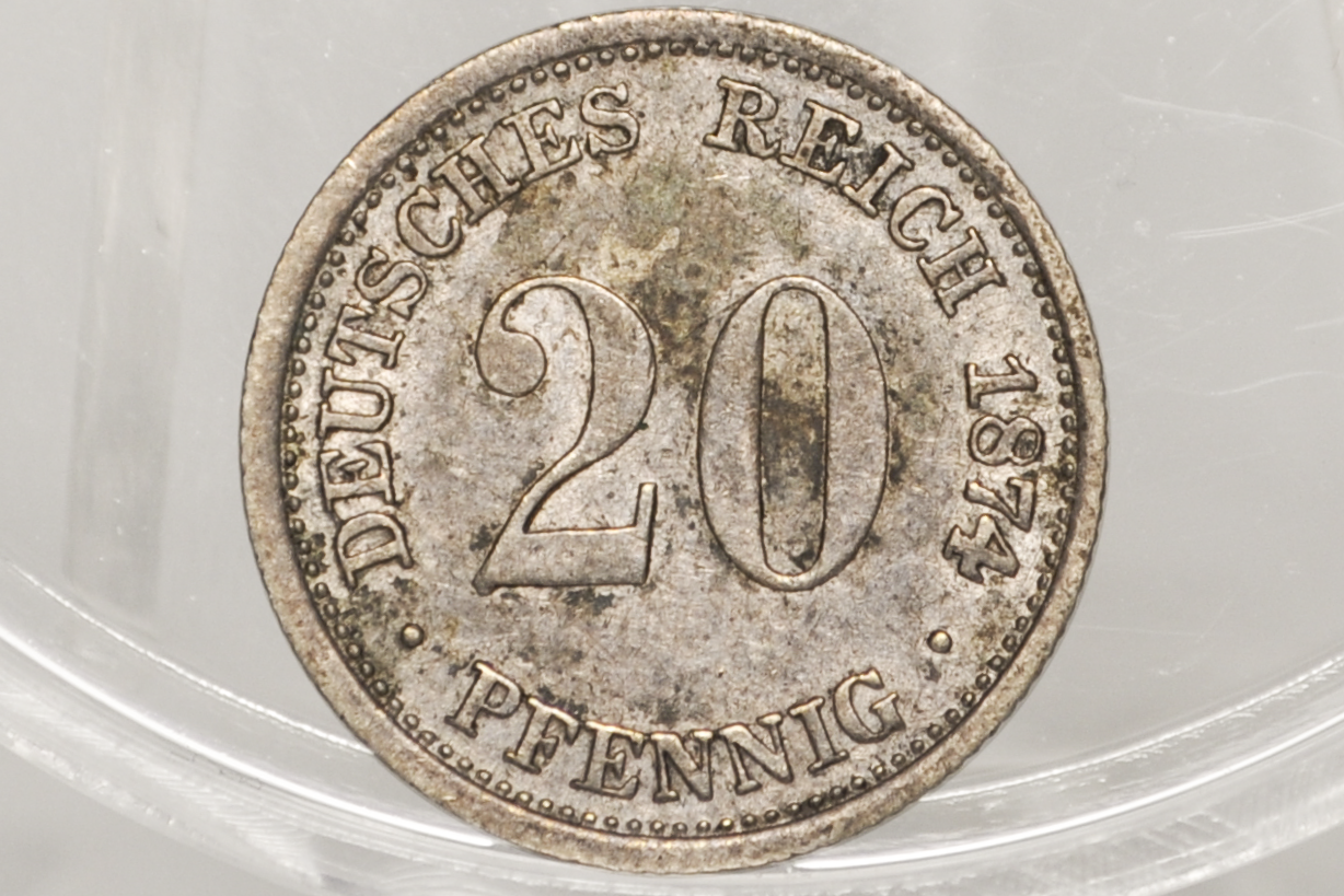 1874-H Germany 20 Pfennig Silver Coin – AU/XF Luster – Scarce Darmstadt Mint