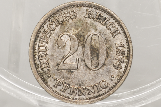 1874-H Germany 20 Pfennig Silver Coin – AU/XF Luster – Scarce Darmstadt Mint