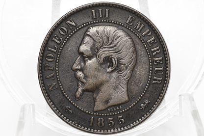 1855-D France 10 Centimes - XF+ - Napoleon III Bare Head - DIX Centimes 1855D (Lyon Mint)