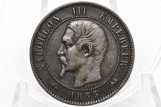 1855-D France 10 Centimes - XF+ - Napoleon III Bare Head - DIX Centimes 1855D (Lyon Mint)