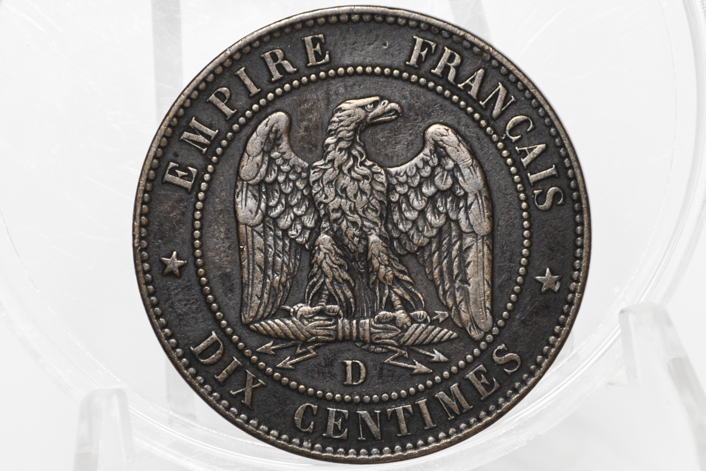 1855-D France 10 Centimes - XF+ - Napoleon III Bare Head - DIX Centimes 1855D (Lyon Mint)