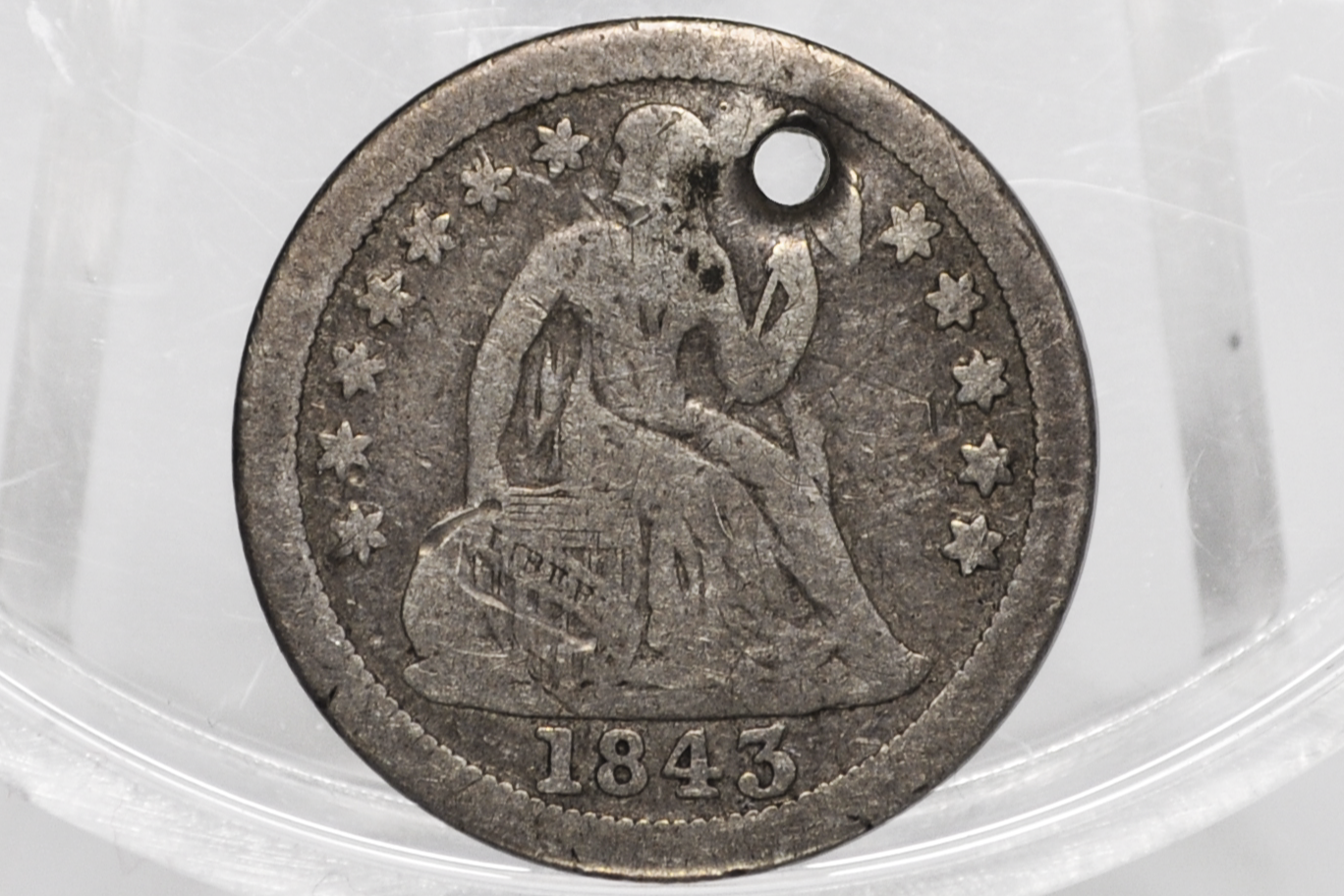 1843-O Seated Liberty Dime – Scarce New Orleans Mint – VG/F Detail, Holed