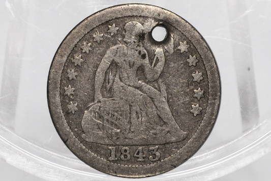 1843-O Seated Liberty Dime – Scarce New Orleans Mint – VG/F Detail, Holed