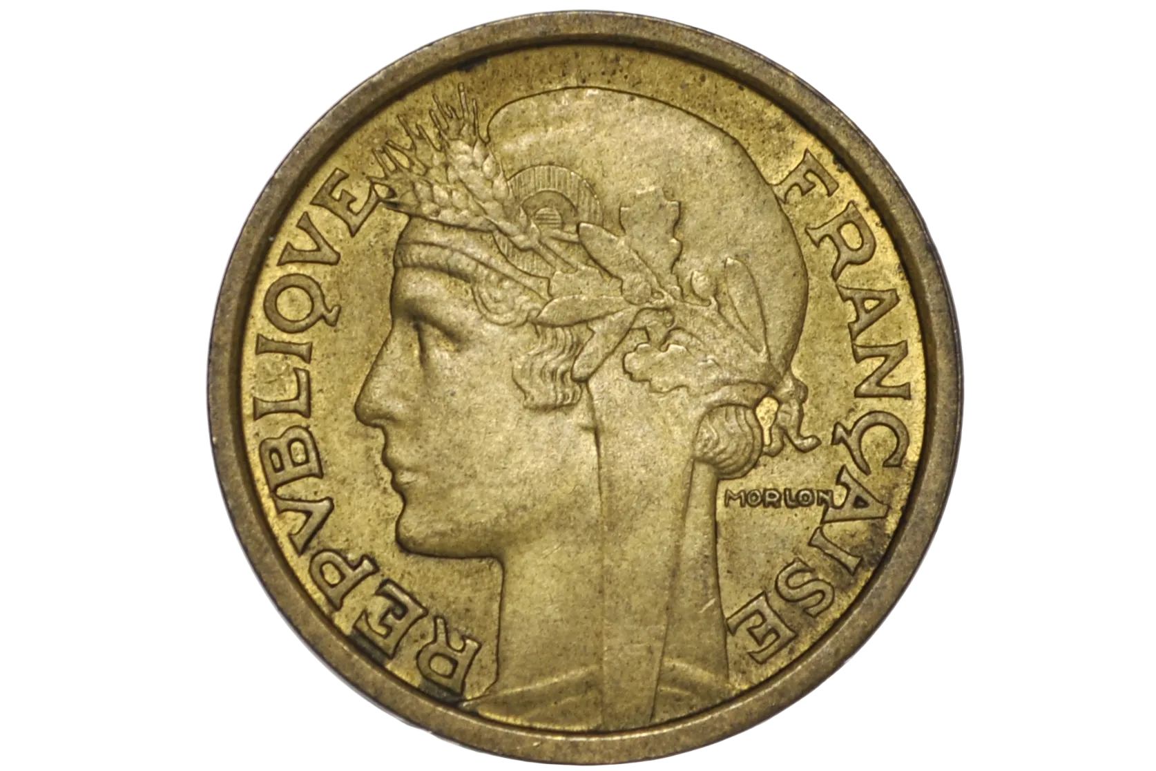 A French Republic 1 Franc coin with a golden-bronze frosty finish, encapsulated in a clear plastic protective holder against a white background.