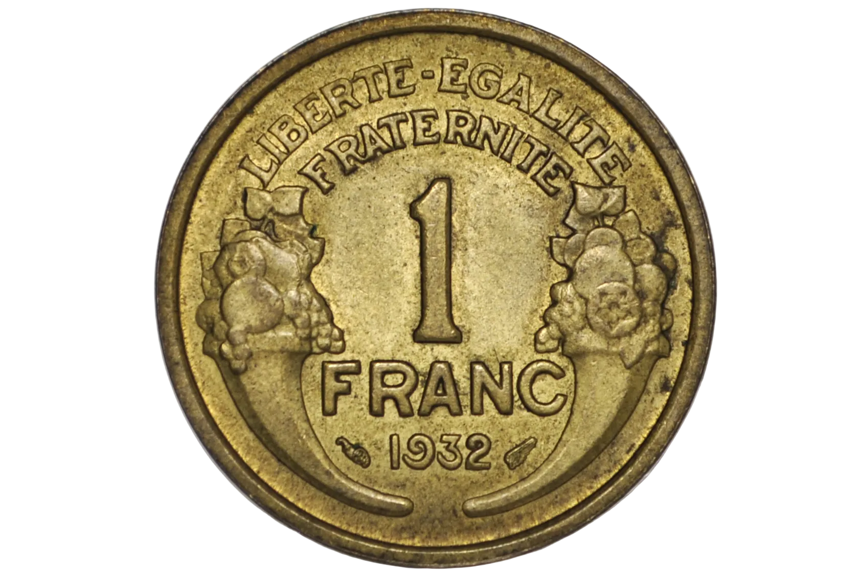 A vintage 1932 French 1 Franc coin with original luster inside a clear plastic protective capsule, showing the 'Liberte-Egalite-Fraternelle' design with two cherubs and the denomination '1 FRANC' in raised lettering.