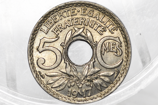 1917 France 5 Centimes – Choice Uncirculated – Lindauer Hole Type, Scarce Low Mintage Date (Copy)