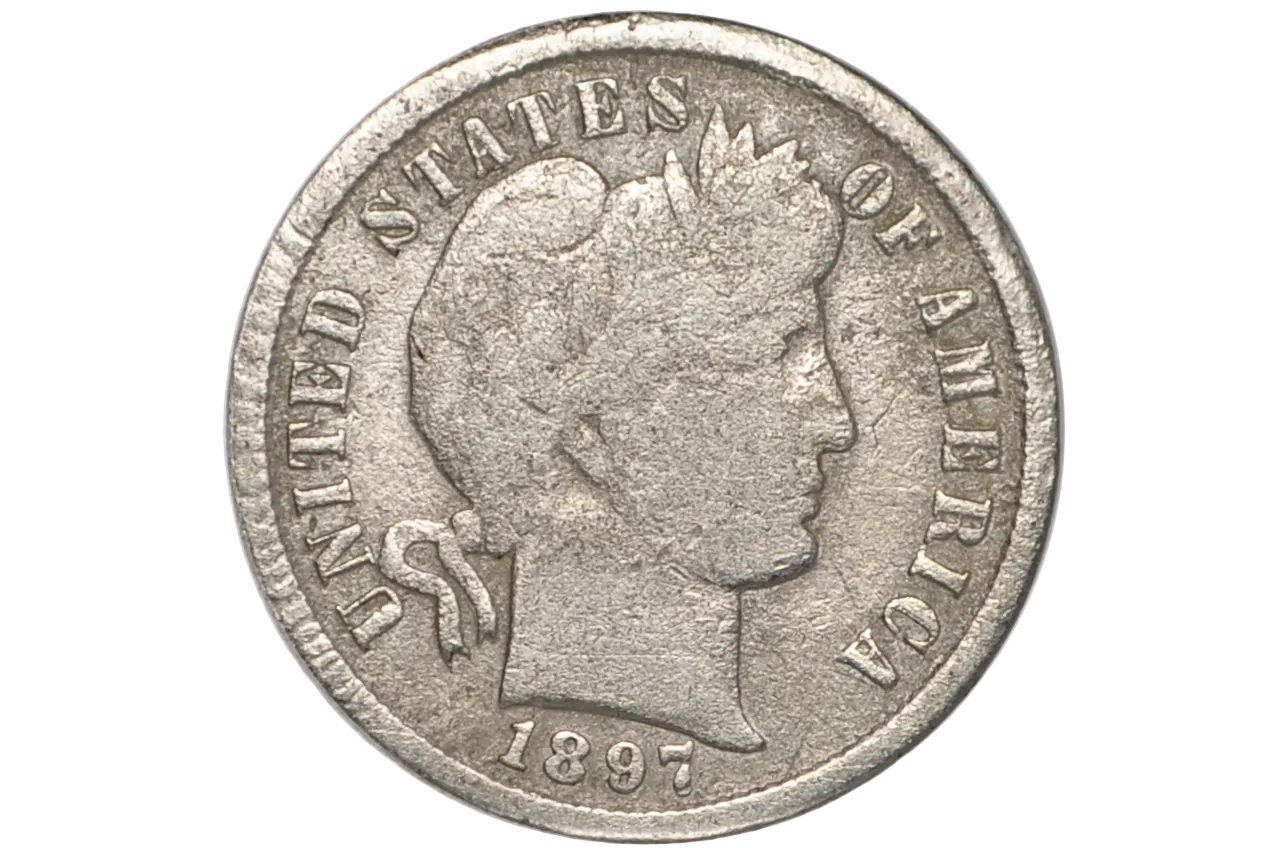 An 1897 United States of America silver dime coin inside a clear plastic grading holder, showing the profile of Liberty with the text 'UNITED STATES OF AMERICA' and '1897'.