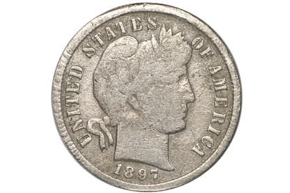 An 1897 United States of America silver dime coin inside a clear plastic grading holder, showing the profile of Liberty with the text 'UNITED STATES OF AMERICA' and '1897'.