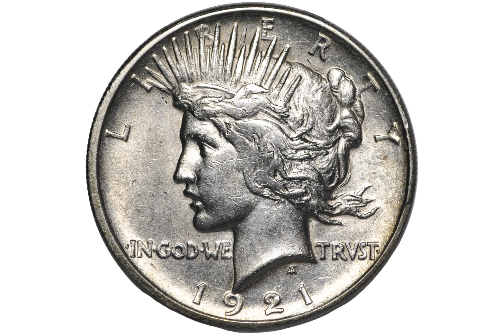A 1921 American Silver Peace Dollar coin inside a clear plastic protective capsule, shown in a close-up studio shot against a light gray background.