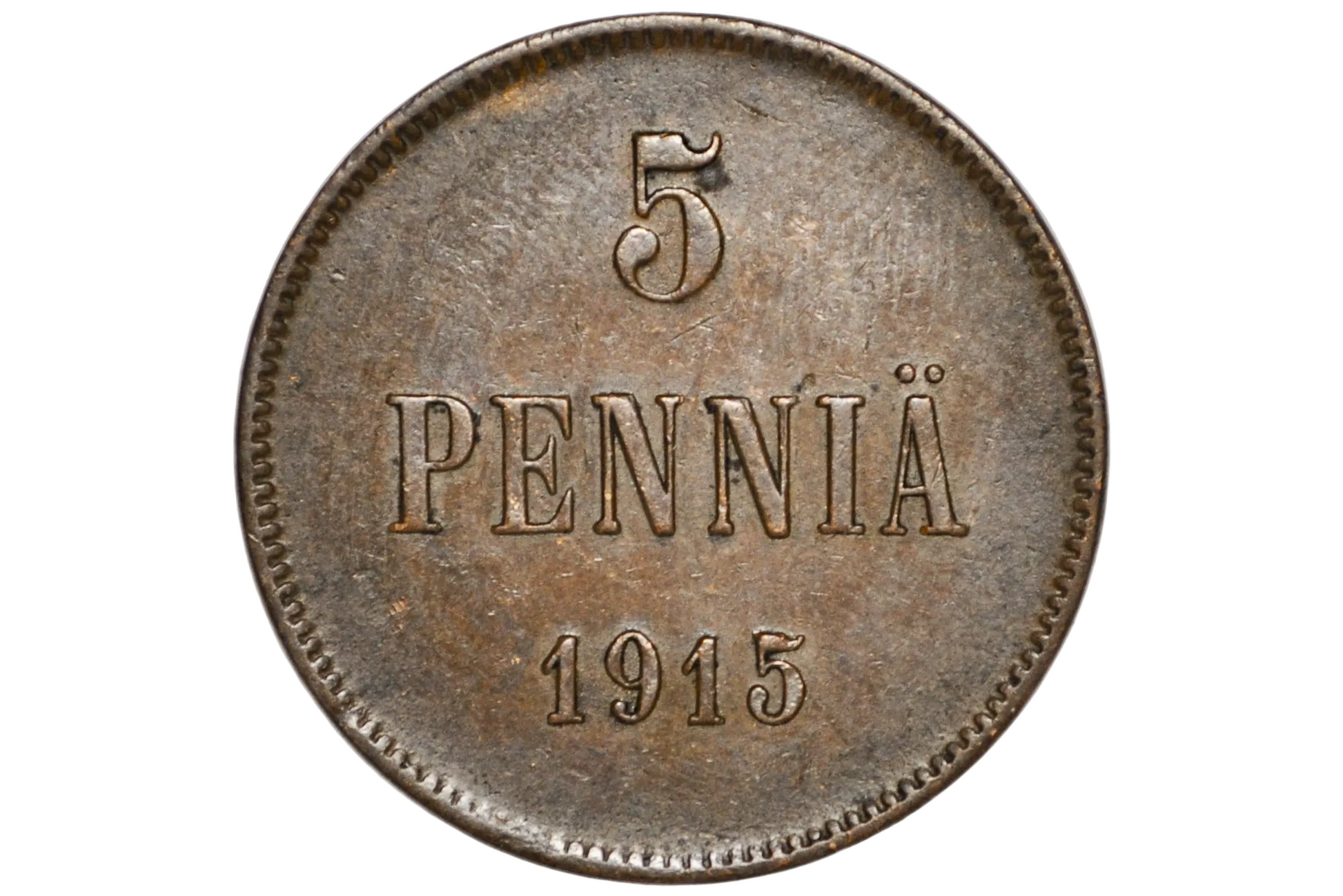 A close-up of a vintage 1915 Finnish 5 Pennia coin inside a clear plastic grading holder, showing its aged bronze-brown metallic surface with engraved text.