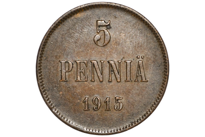 A close-up of a vintage 1915 Finnish 5 Pennia coin inside a clear plastic grading holder, showing its aged bronze-brown metallic surface with engraved text.