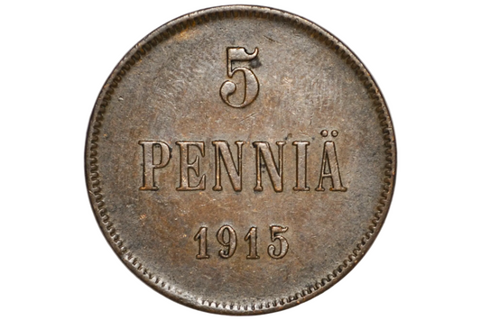 A close-up of a vintage 1915 Finnish 5 Pennia coin inside a clear plastic grading holder, showing its aged bronze-brown metallic surface with engraved text.