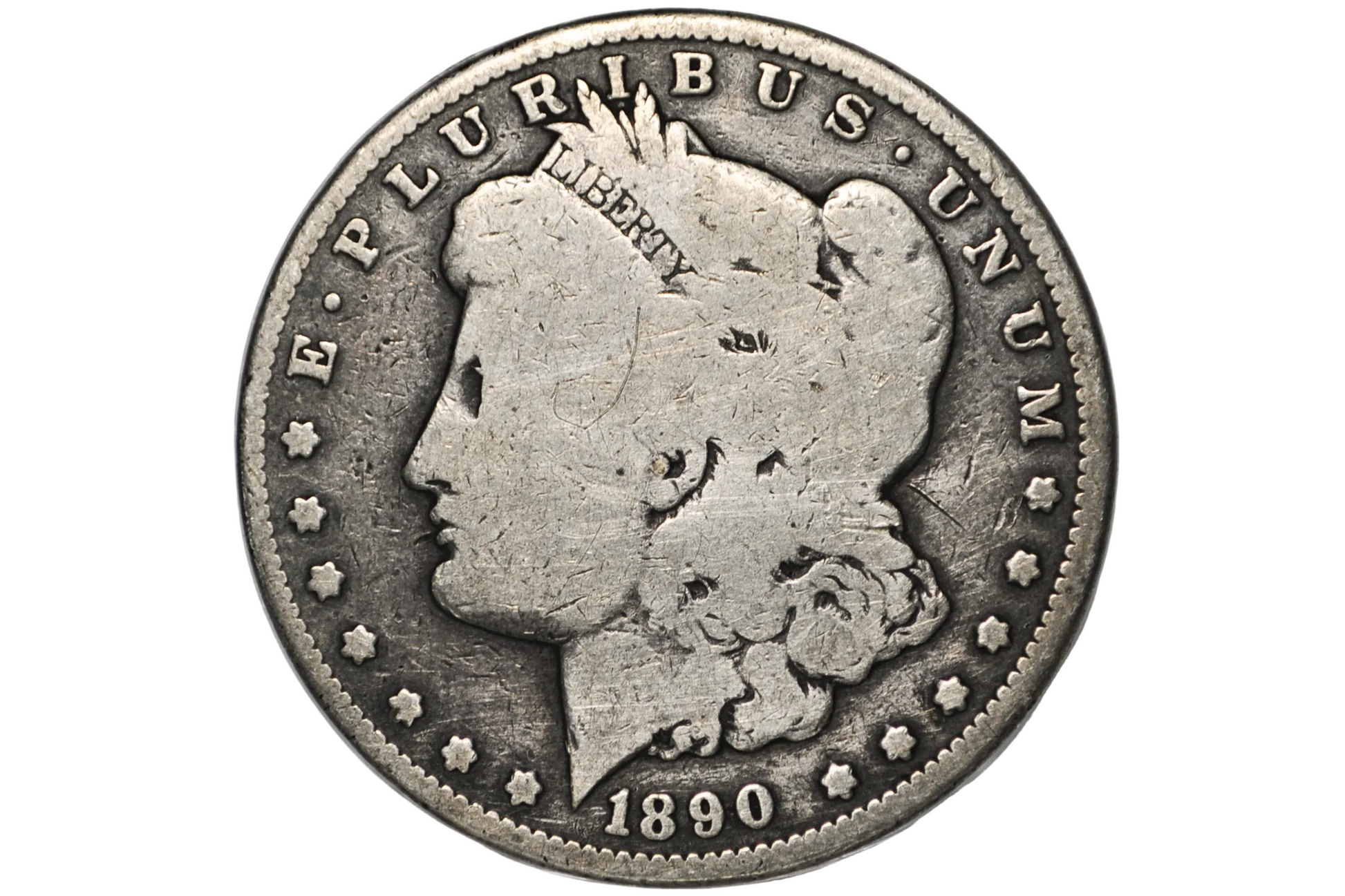 An 1890 Morgan silver dollar coin inside a clear plastic protective holder, shown against a white background.